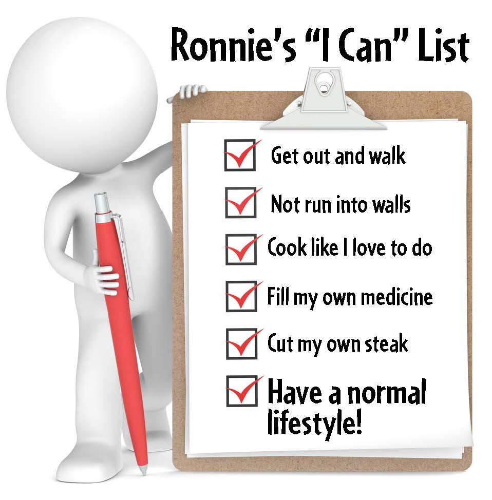 A checklist including: get out and walk, not run into walls, cook like I love to do, fill my own medicine, cut my own steak